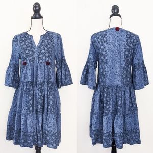 🦋LAST🦋 NWT Kopal Handmade Indigo Floral Boho Mini Dress, Size Small